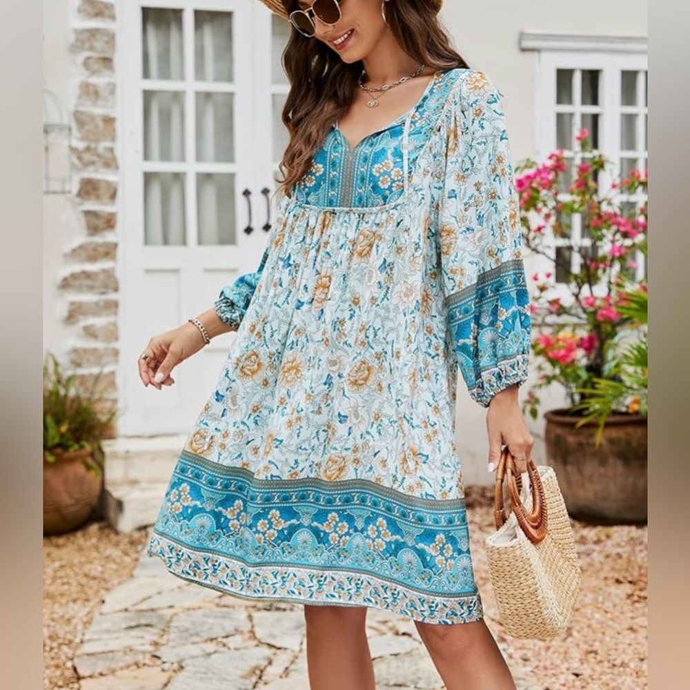 Bluetime Floral Boho Dress Blue Medium NWT